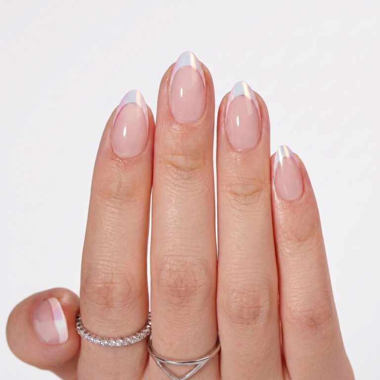 Long nude almond nails with crisp high-contrast white French tips