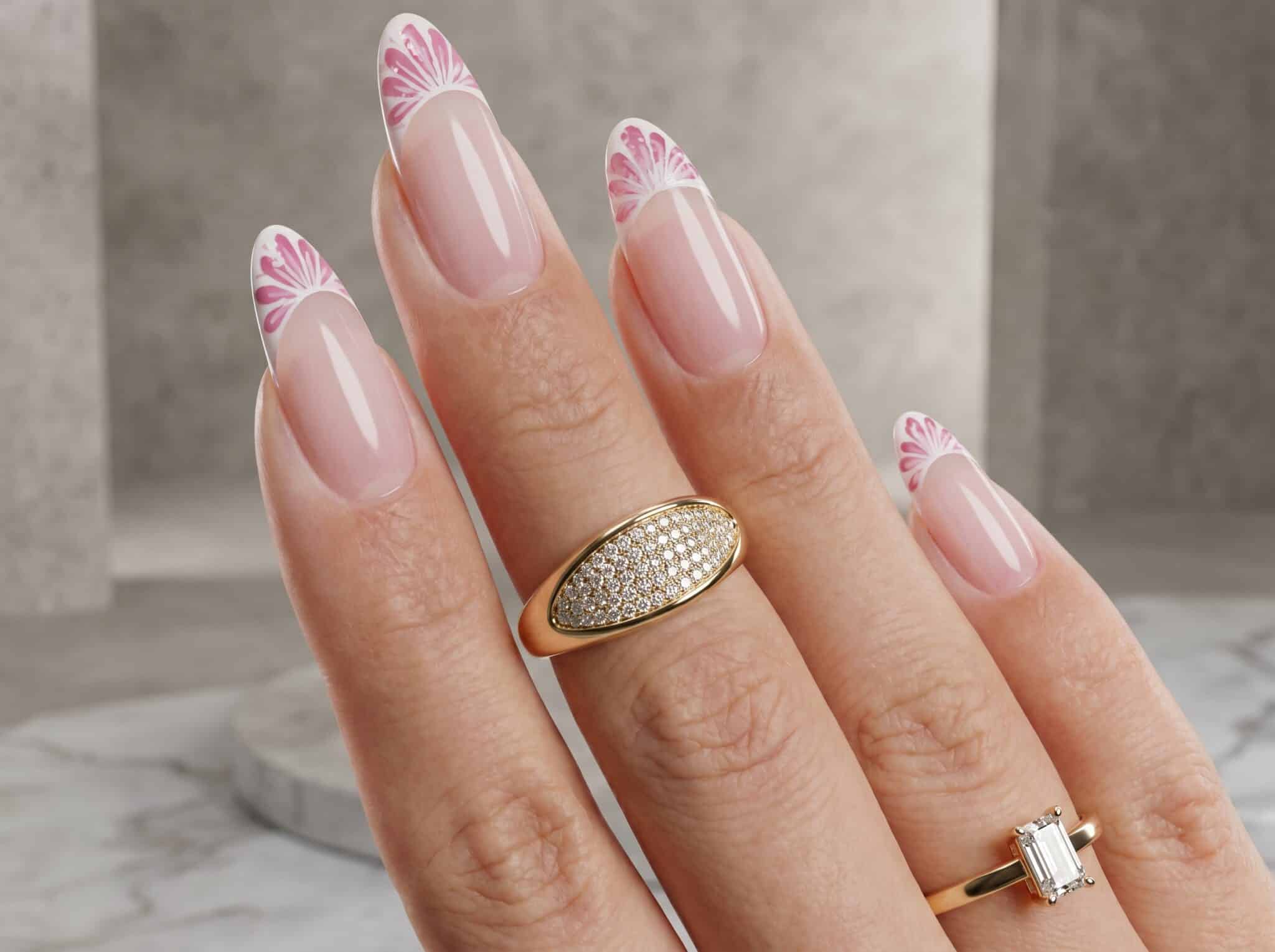 Blue summer French tips on almond nails with a sheer nude base