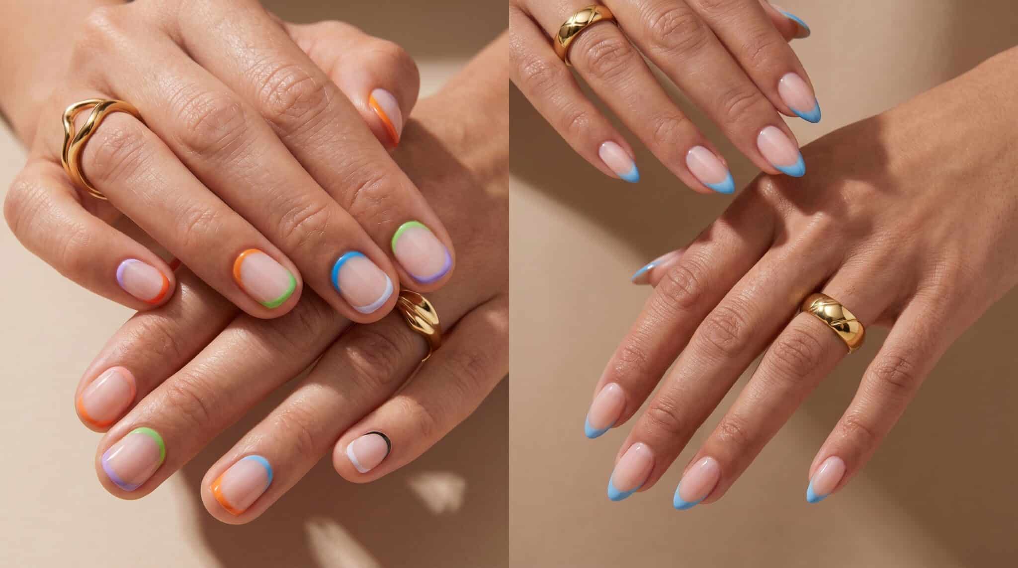 Green summer French tips on almond nails with a glossy nude base