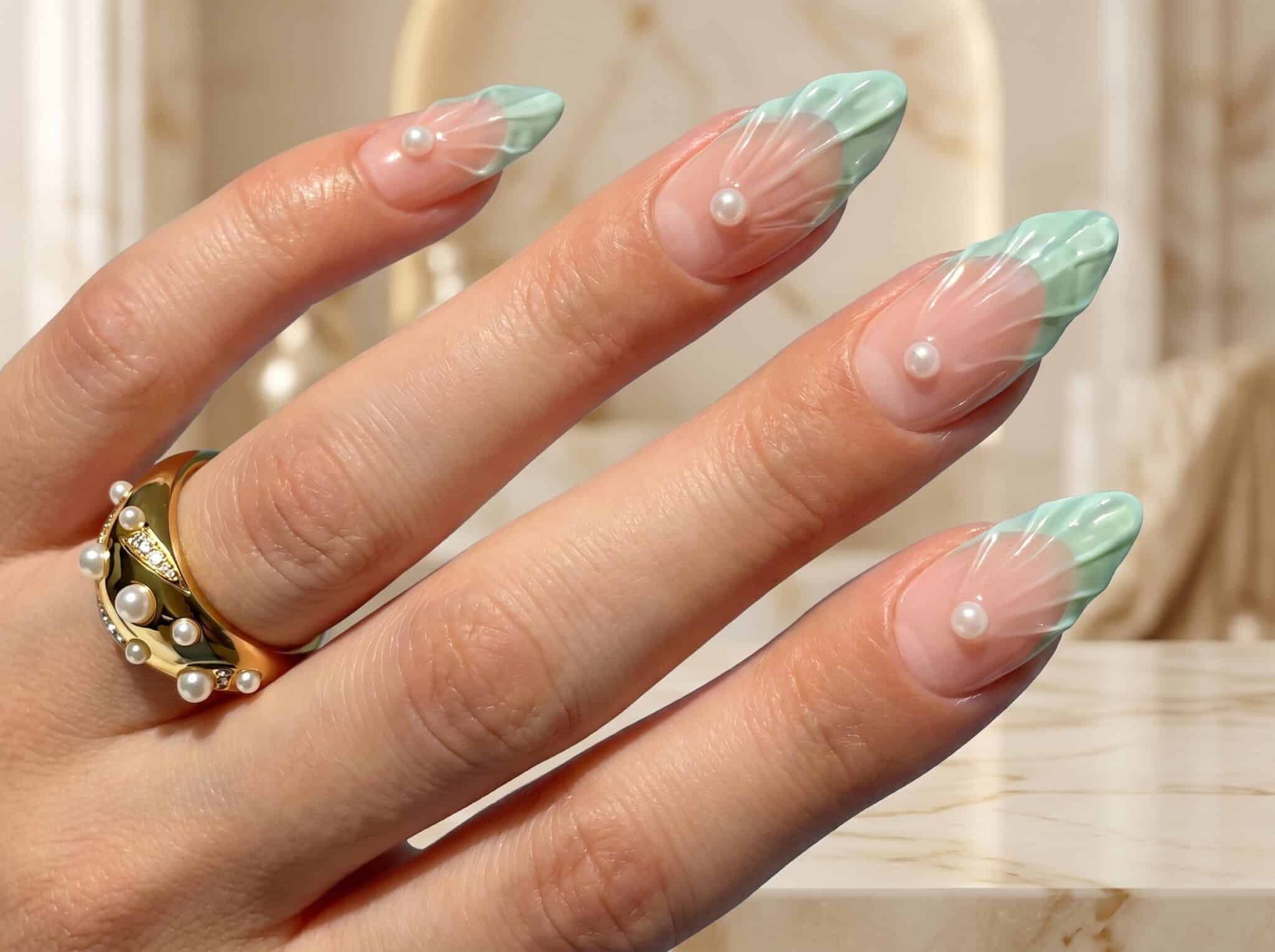 Pastel summer French nails with soft floral accents on a nude base