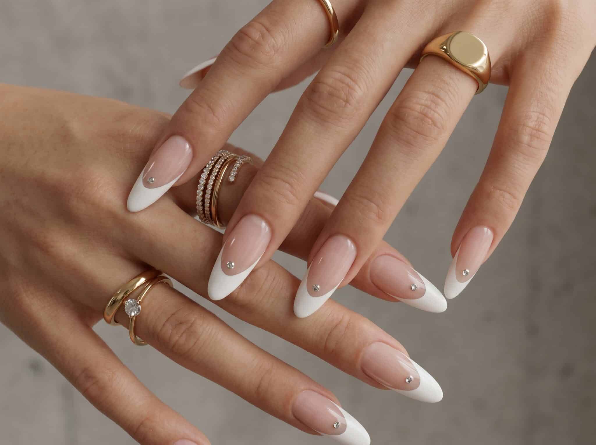 Pink almond French nails with a soft nude base and glossy finish
