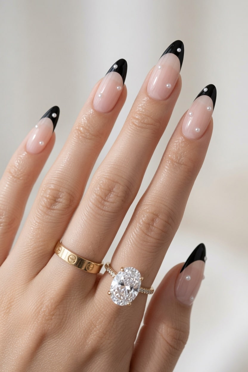 Black French tip press-on nail kit in packaging.
