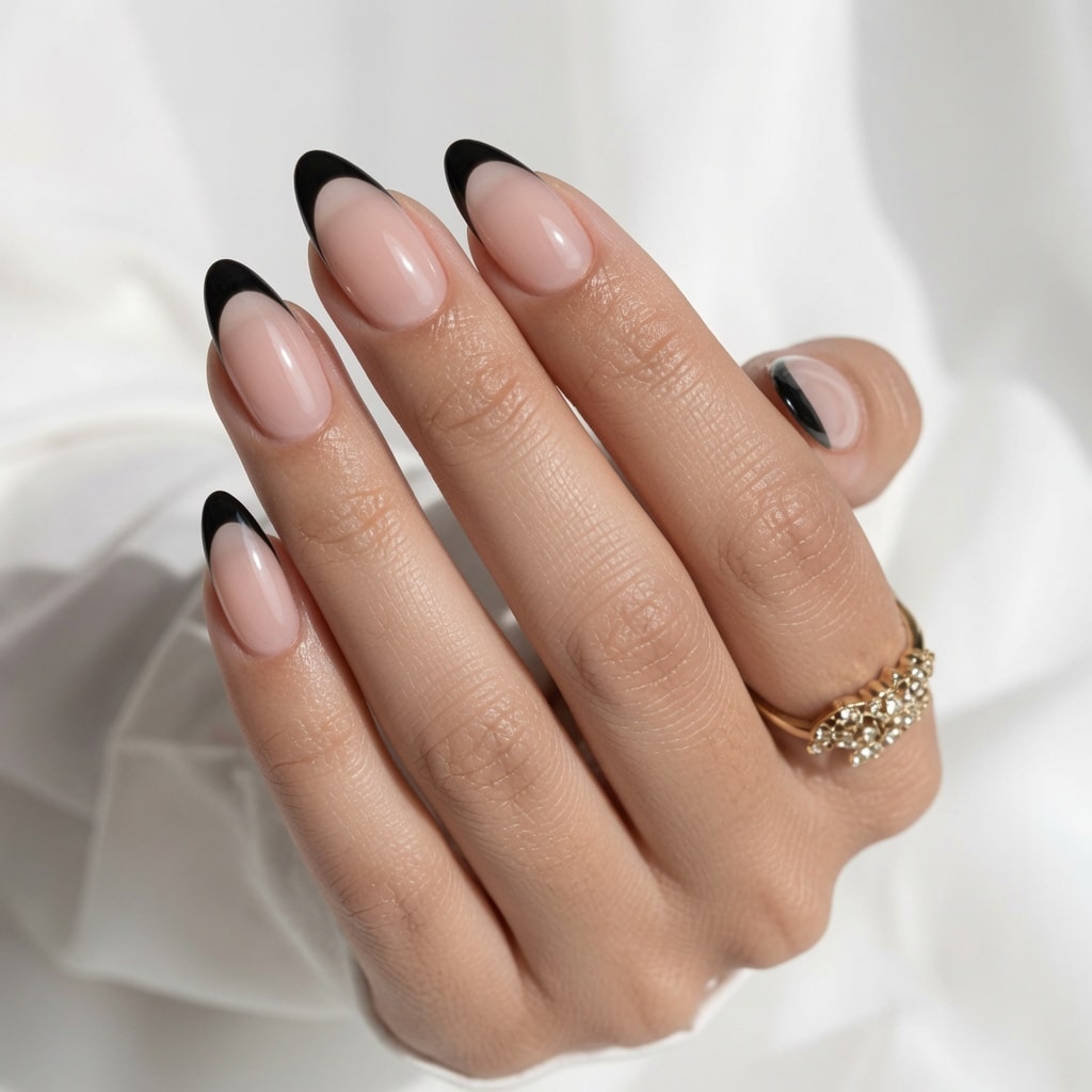 Set of black French tips arranged on a pink surface.