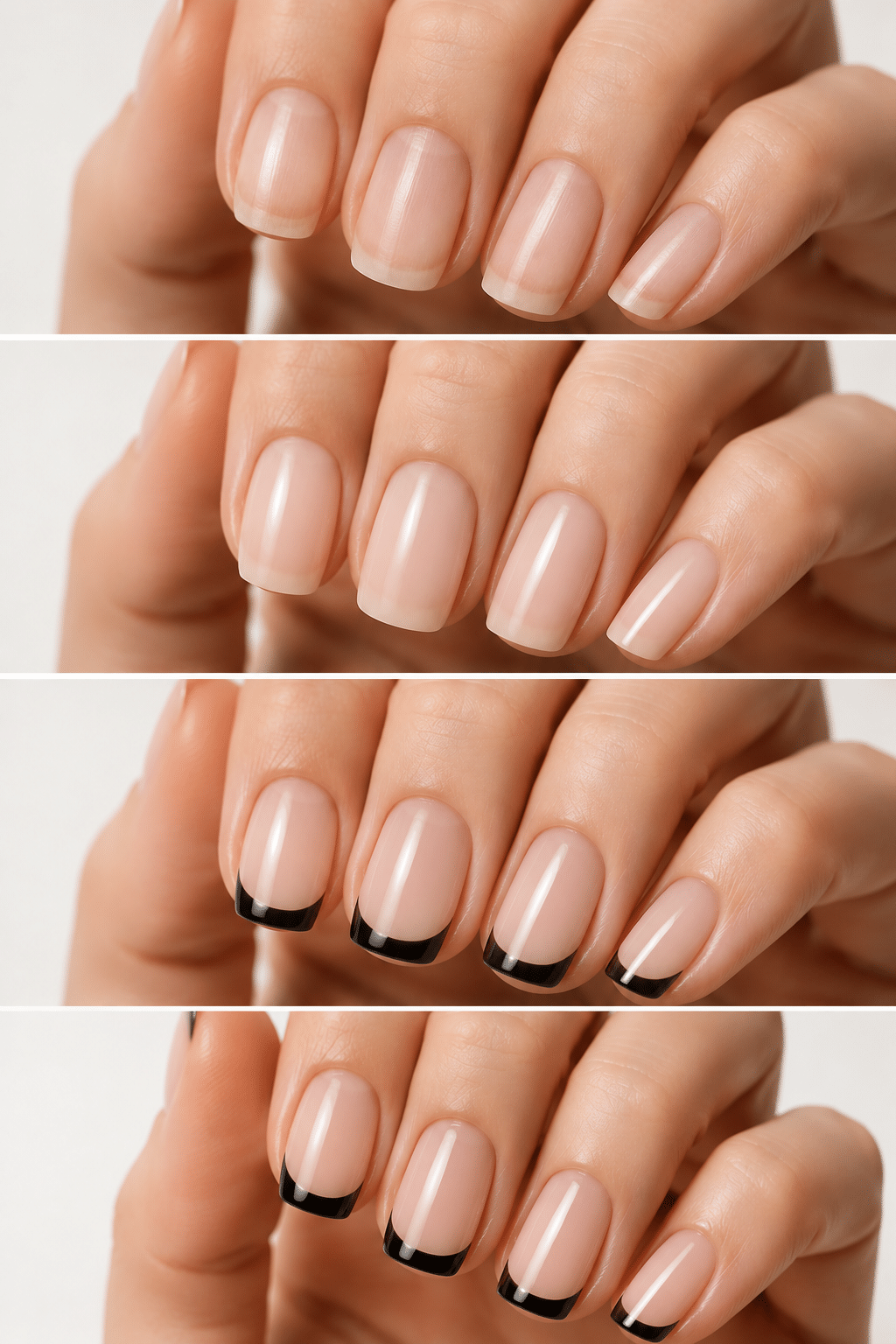 Step by step black French manicure tutorial with nude base, black tip, cleanup, and glossy final result