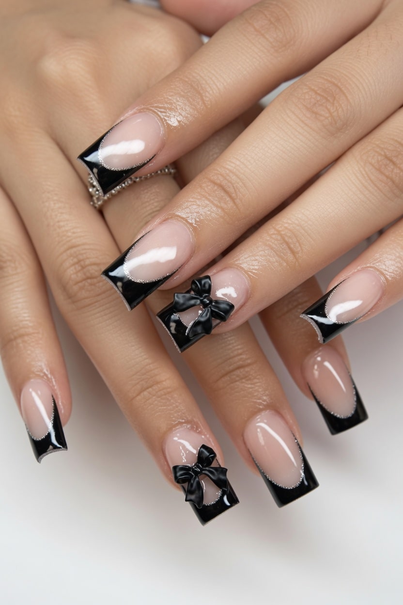 Classic black French tip press on nails on an elegant hand.