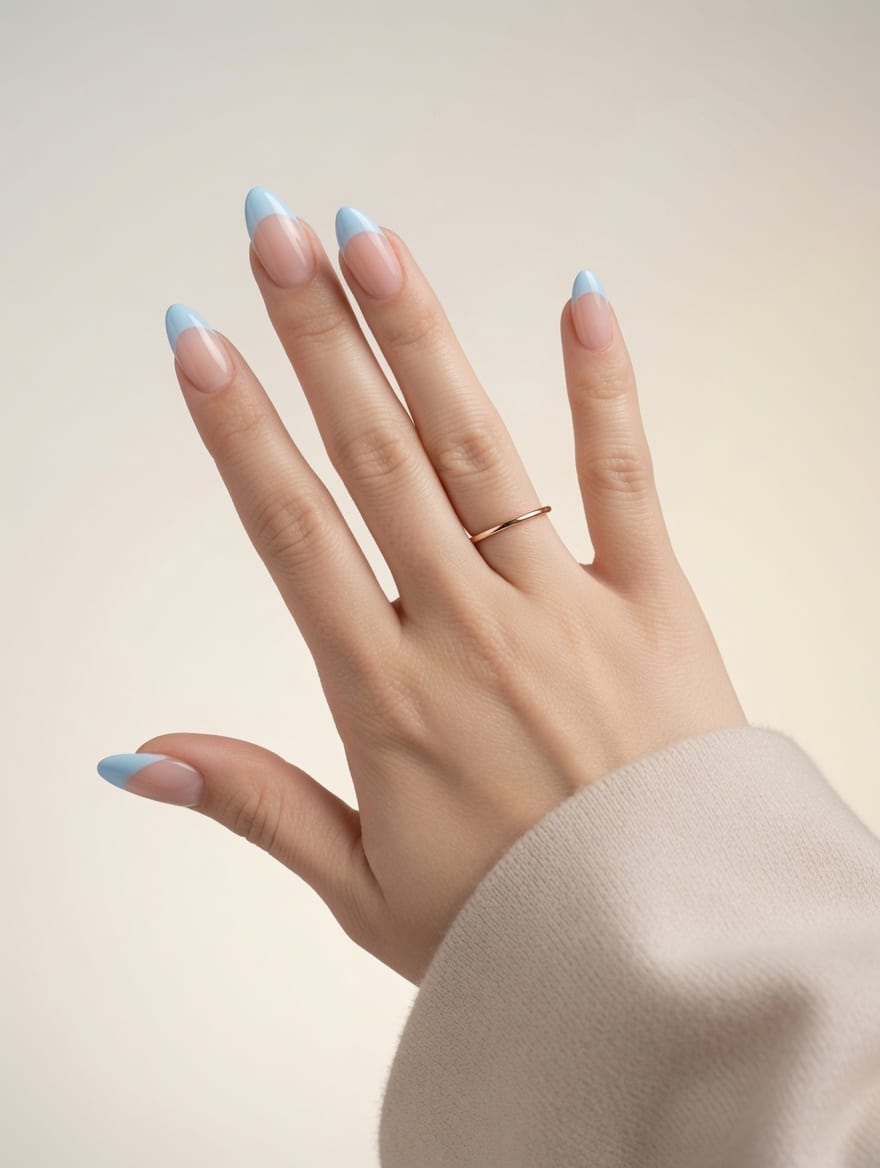 Blue almond French tip nails with a soft nude base and glossy light blue tips