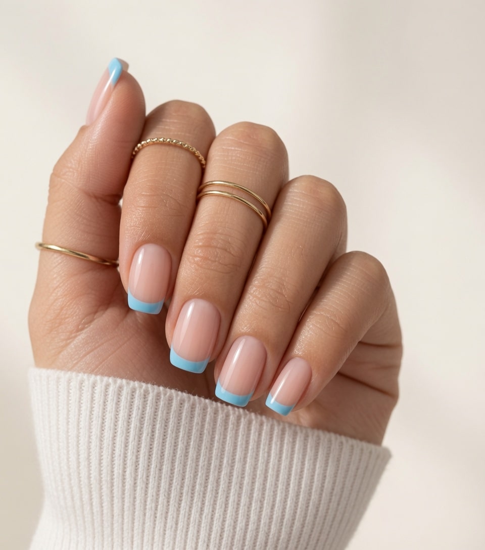 Two hands with nude nails featuring icy blue French tips and small white decorative details.