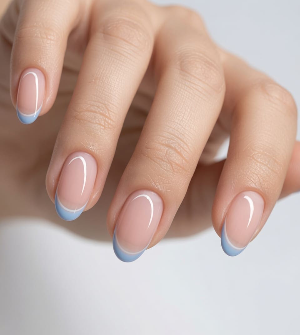 Short rounded nude nails with pastel blue French tips beside a cream knit sleeve.