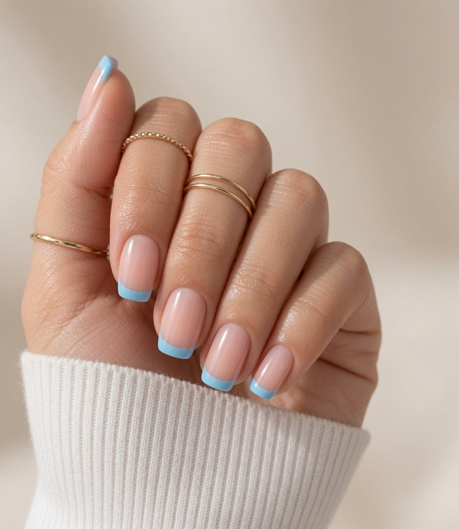 Short nude nails with small light blue French tip accents.