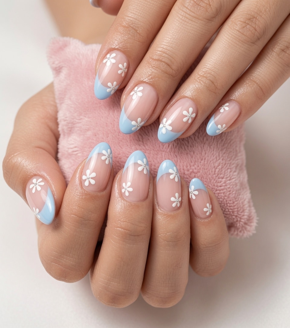 Rounded nude nails with slim pastel blue French tips held near a beige knit sleeve.