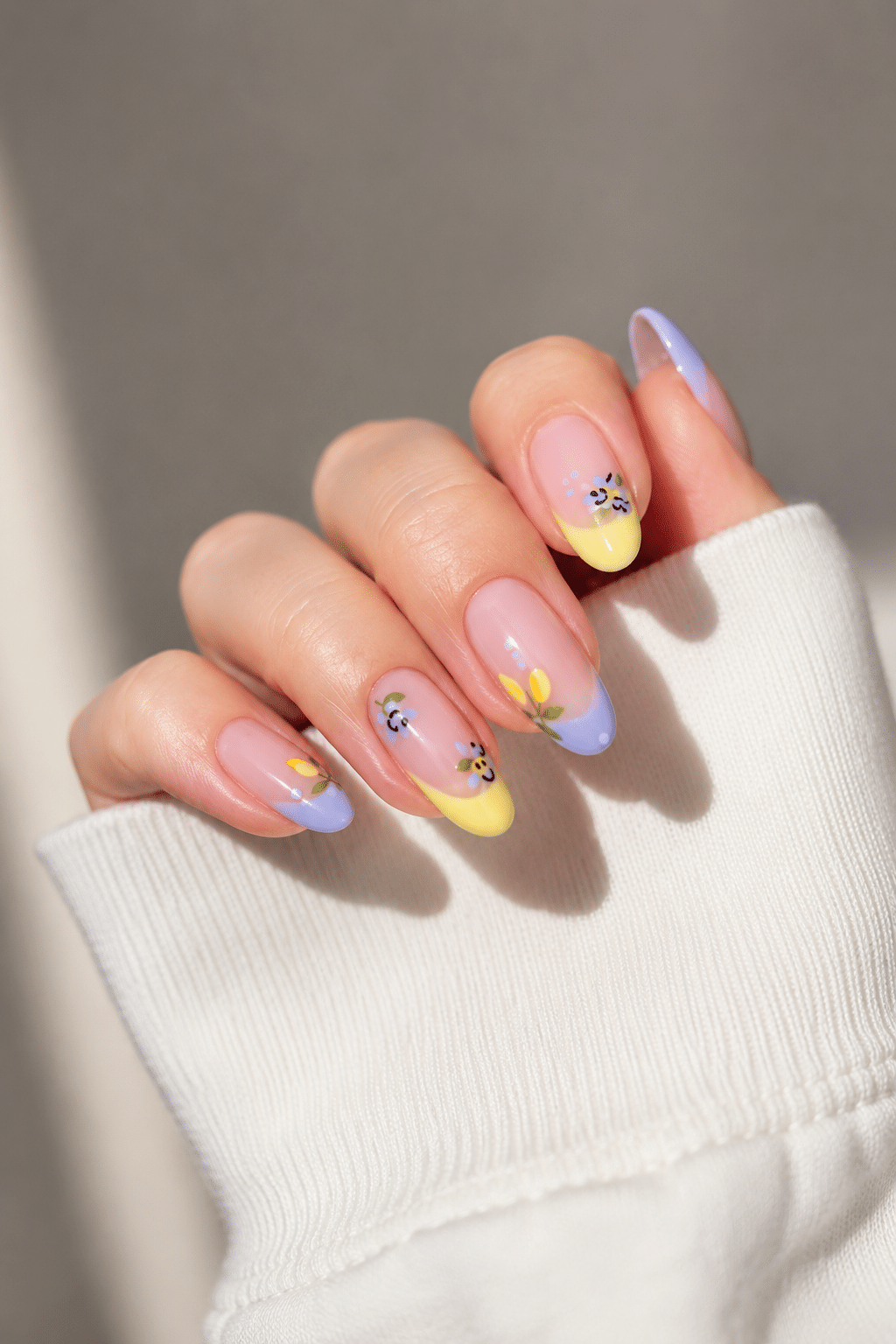 Blue summer French nails with a clean nude glossy base