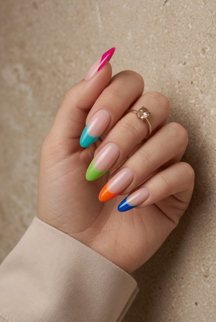 Bright colored French tip nails with pink, green, orange, and blue tips