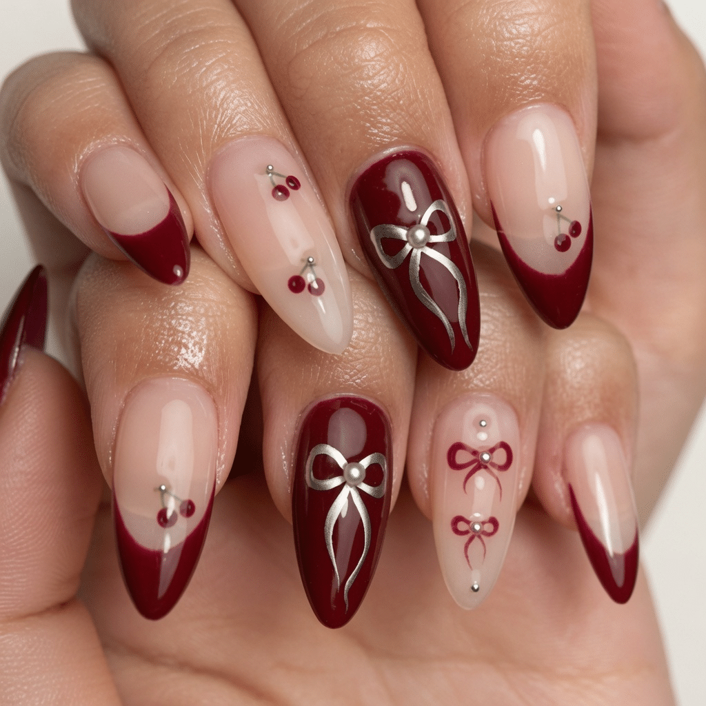 Dark red French tip press-on nails decorated with 3D bows and cherry art.
