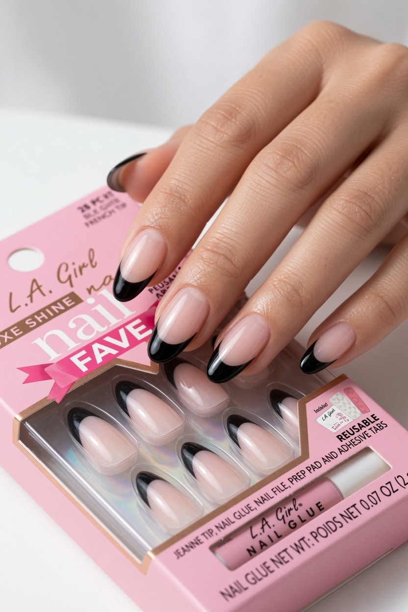 Glossy black French manicure with gold rings.