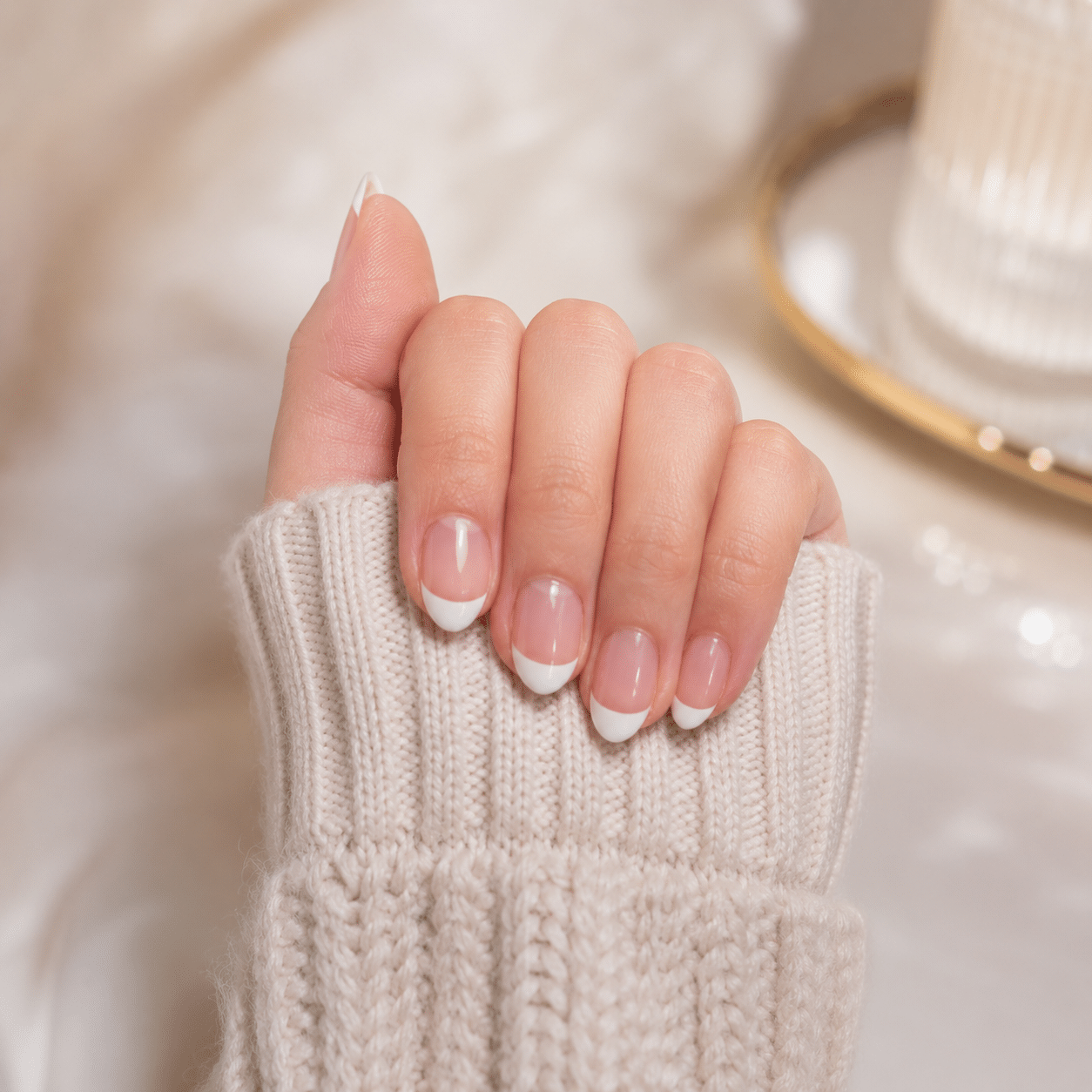 Classic acrylic almond French tip nails with soft white tips and a natural glossy base.