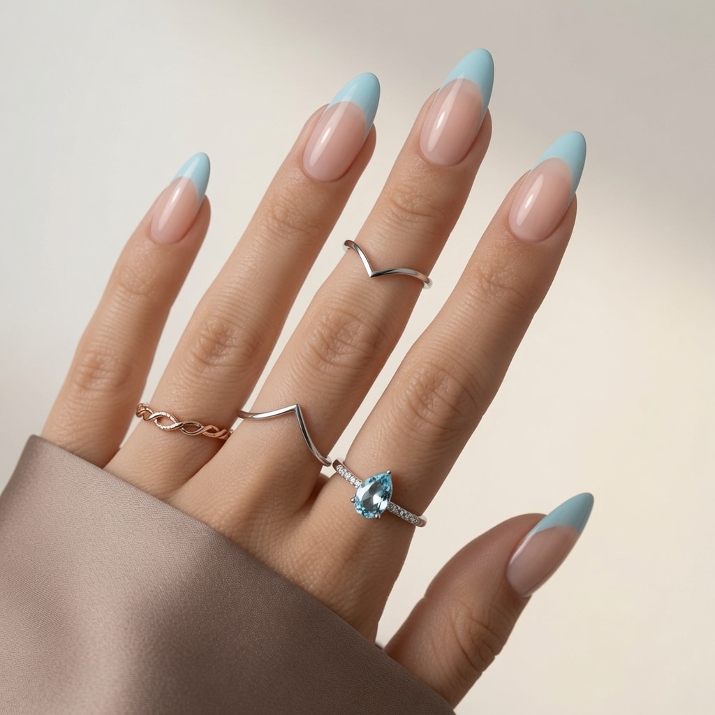 Classic light purple almond French tip nails with a sheer nude base