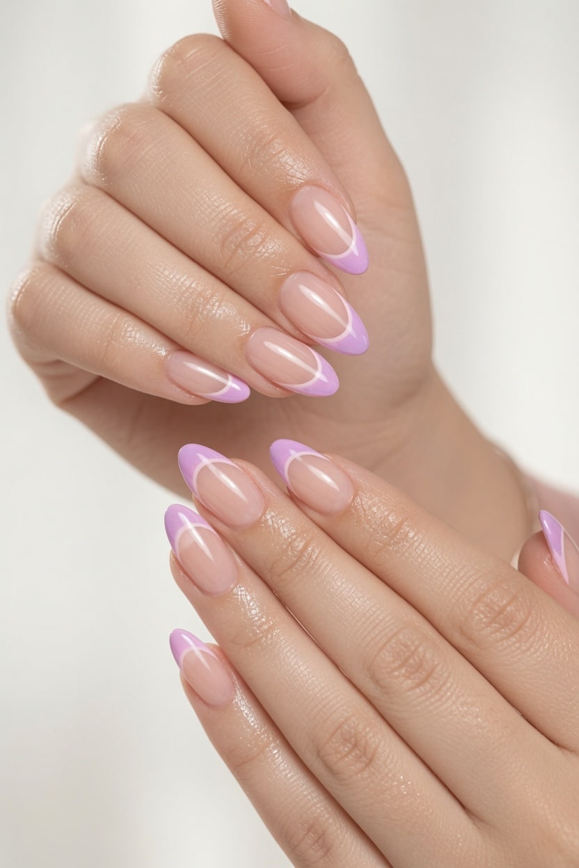 Crossed hands showing a classic pink and white French press-on manicure.