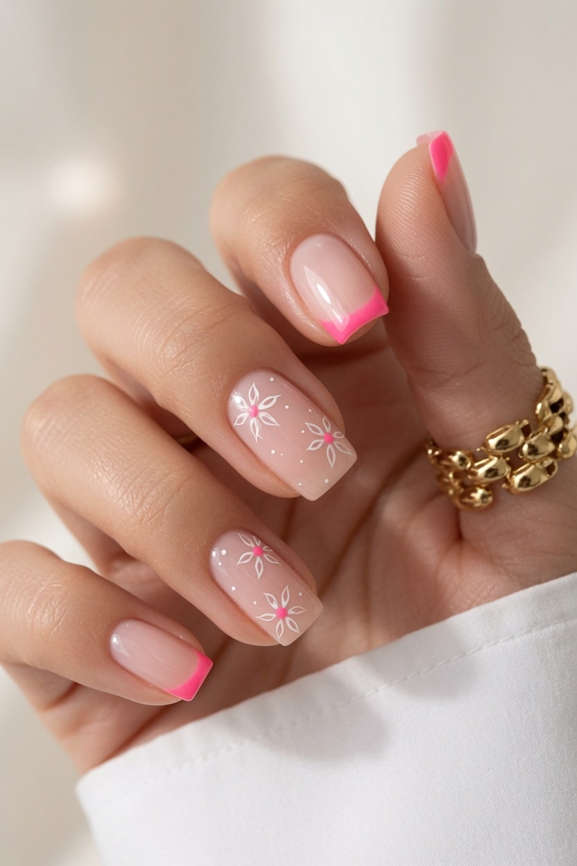 Nude almond nails with delicate floral French tip accents