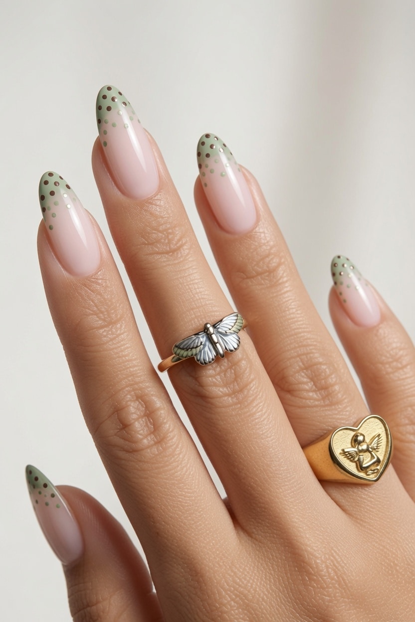 Mint green French tip nails on glossy almond nails
