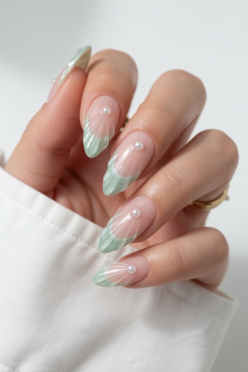 Soft sage green French tips on long nude nails