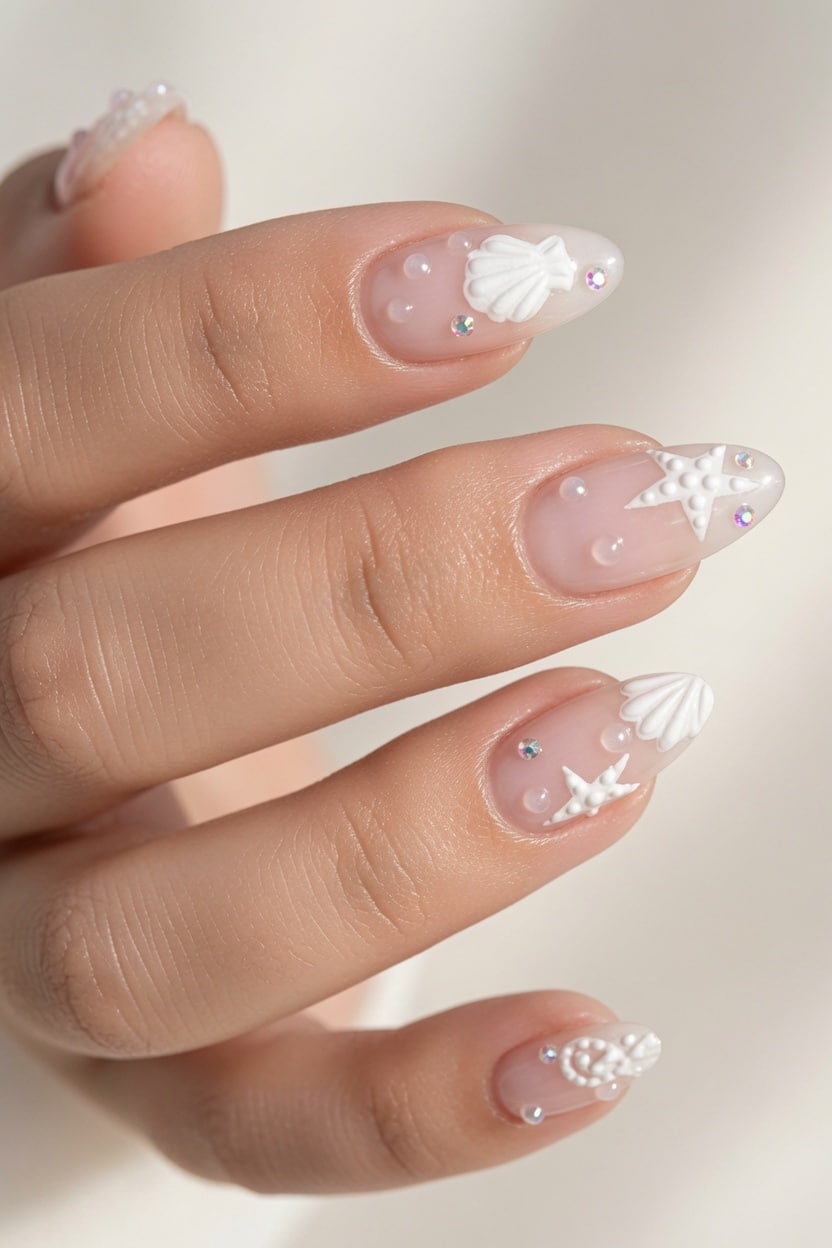 Sheer nude nails with white lace-inspired French tip details