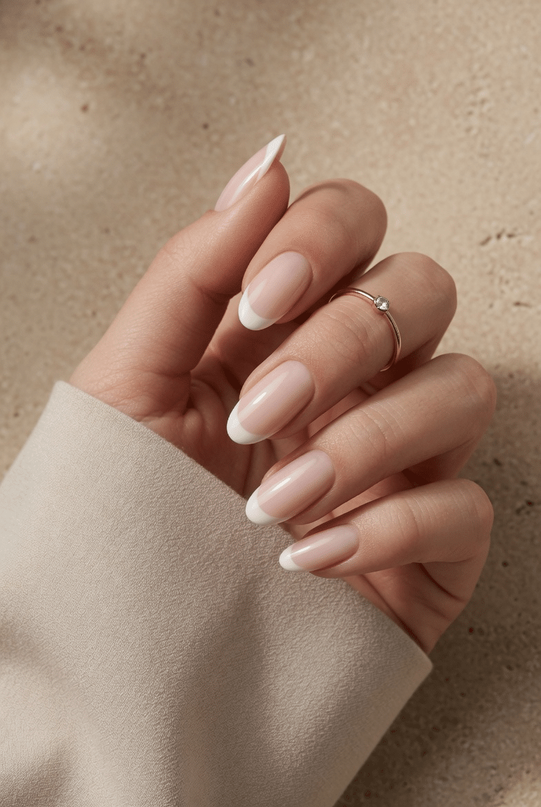 Clean glossy white French manicure with a nude base and thin tips