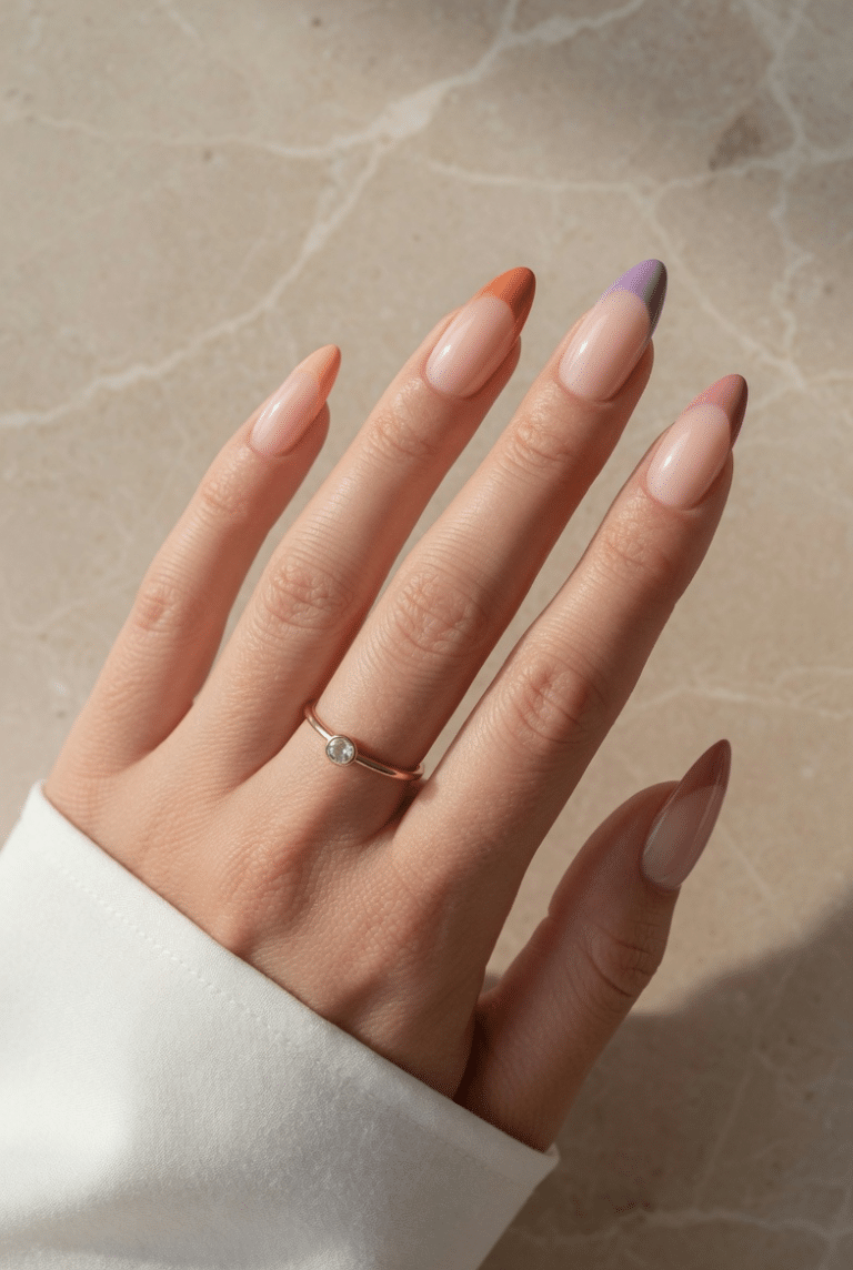Colored French tip nails with soft pastel tips on almond nails and a clean nude base