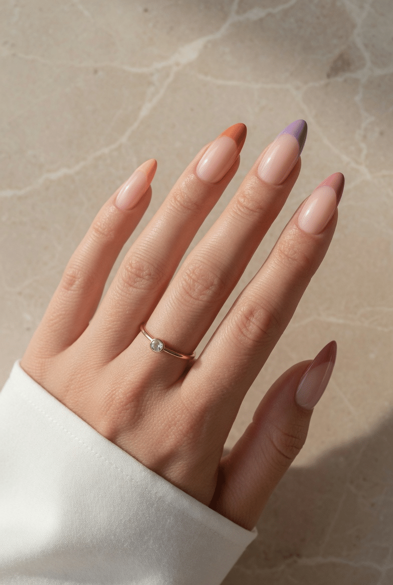 Colored French tip nails with soft pastel tips on almond nails and a clean nude base