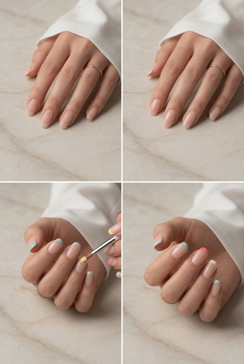 Step by step colored French manicure tutorial with nude base, colorful tips, cleanup, and glossy final result