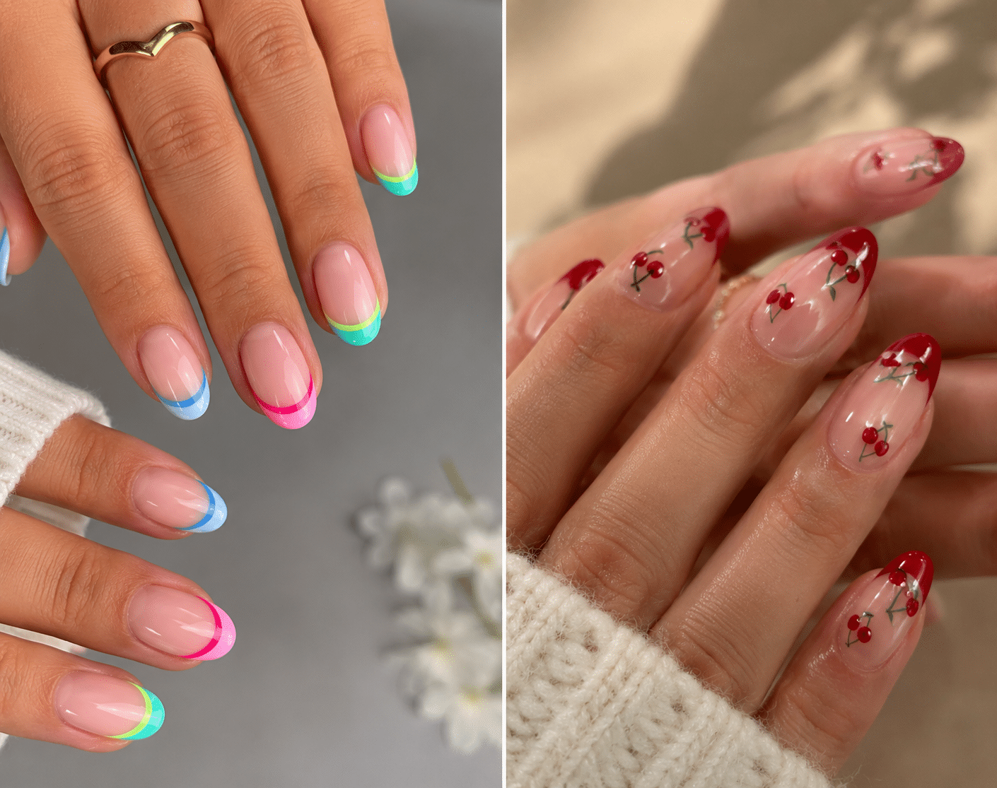 Colorful gel French tips for summer with bright pastel nail colors
