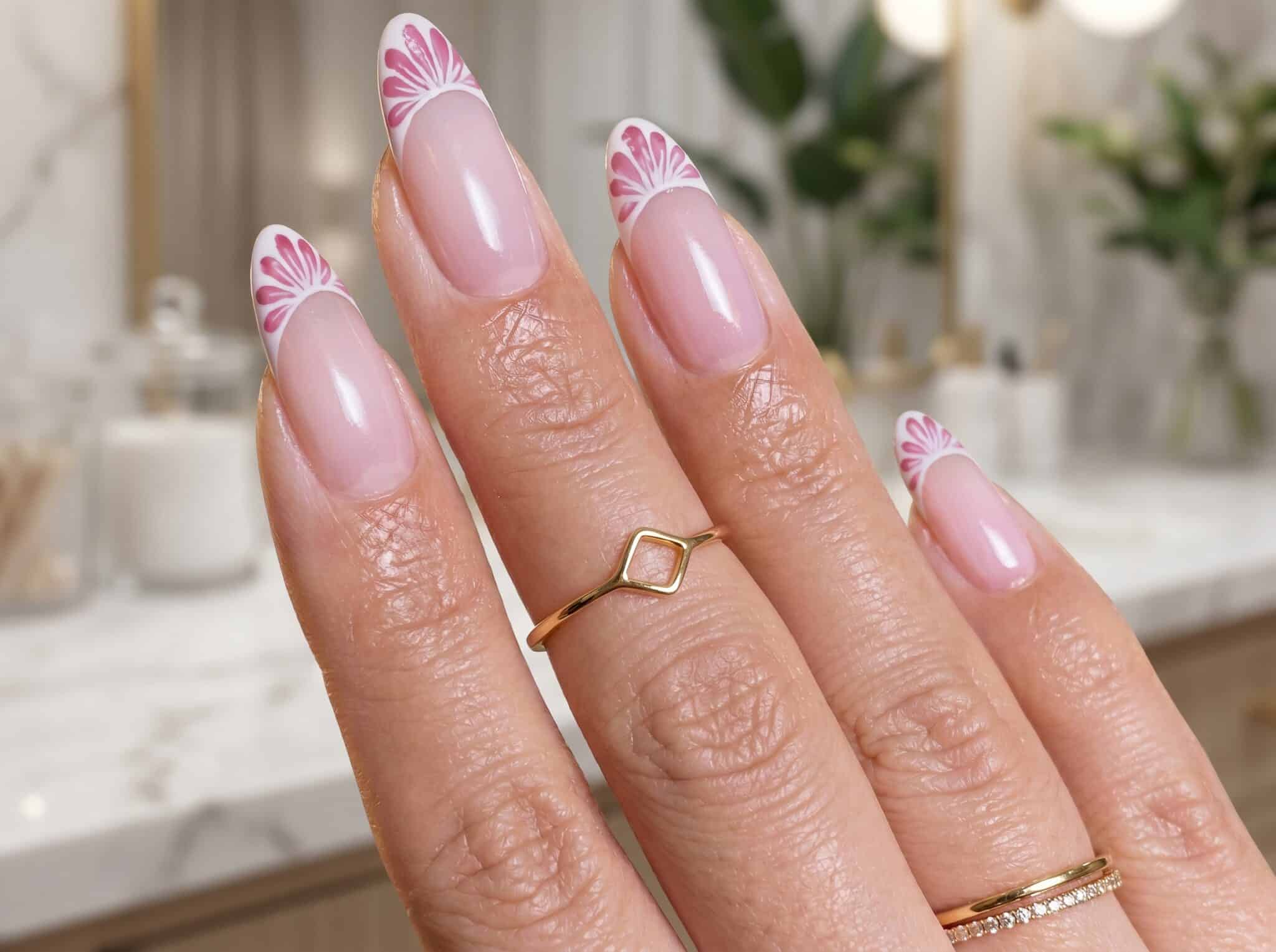 Soft pink French tip nails with delicate floral accent details and a glossy nude base