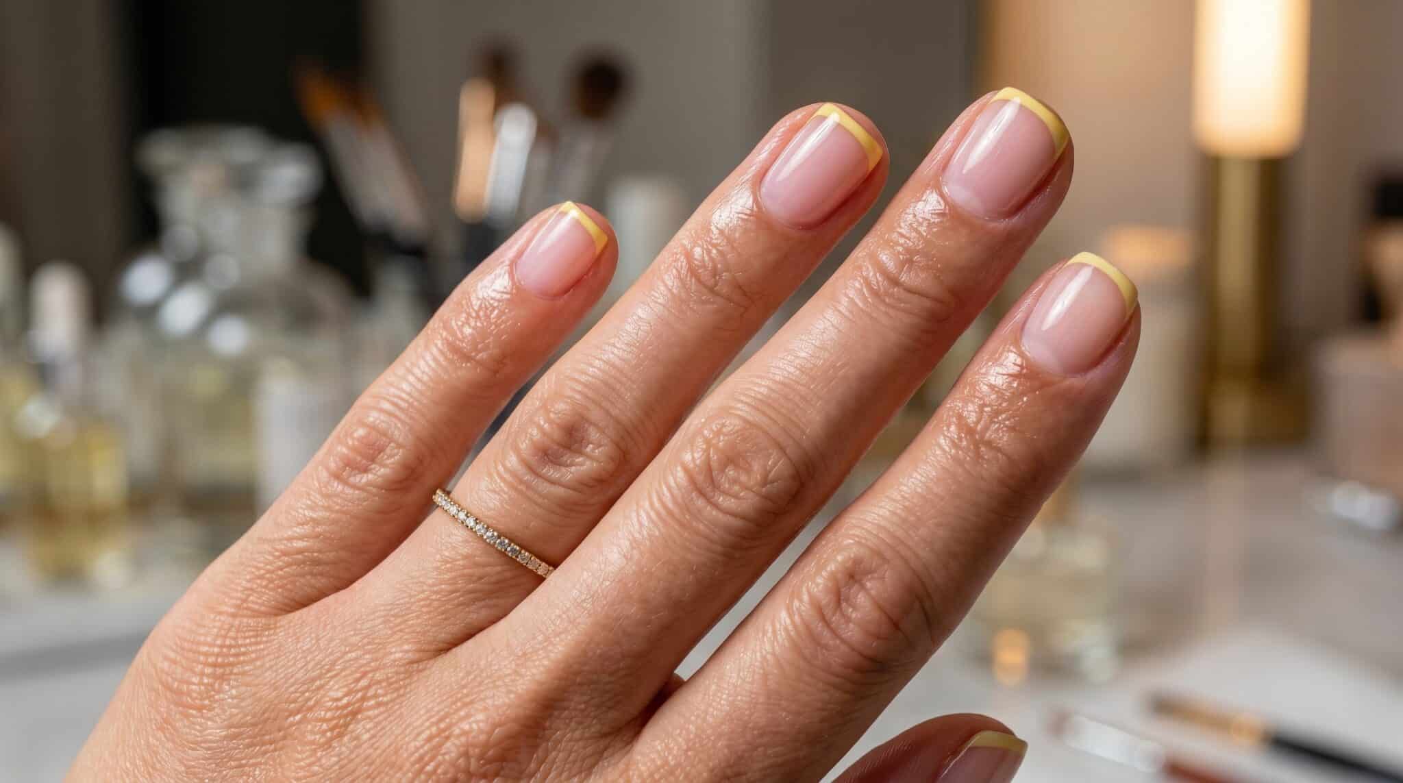 Simple summer French tip nails with a glossy nude base and soft pastel edges
