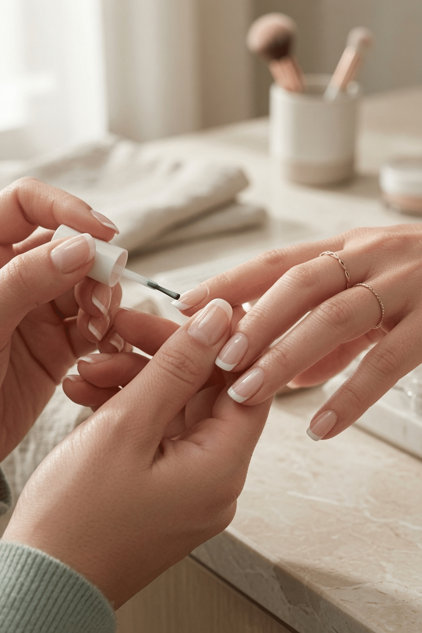 DIY French tips being painted by hand in a clean home manicure setup