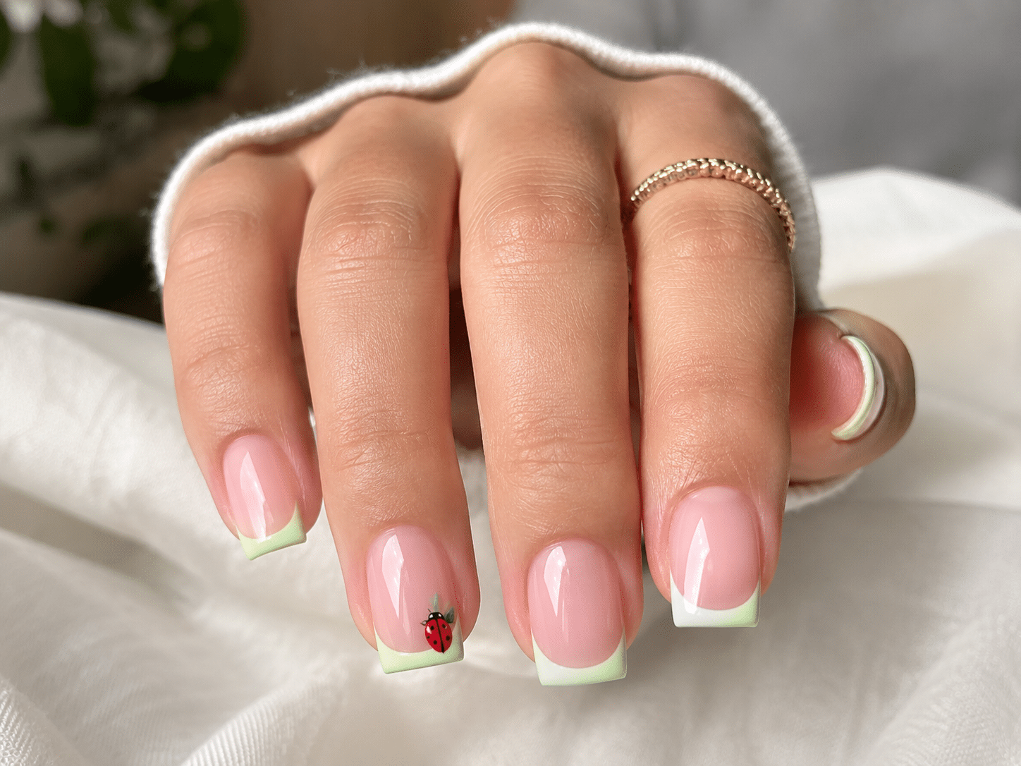 Double French tip summer nails with pastel blue and mint lines