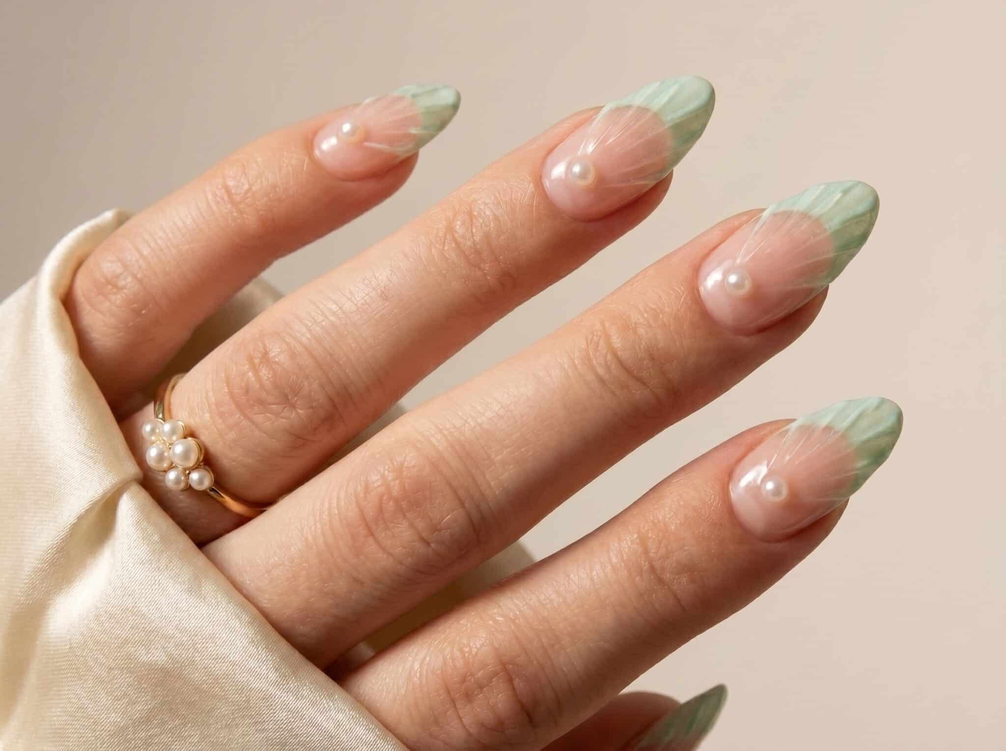 Milky nude summer French nails with soft white tips and a polished almond shape
