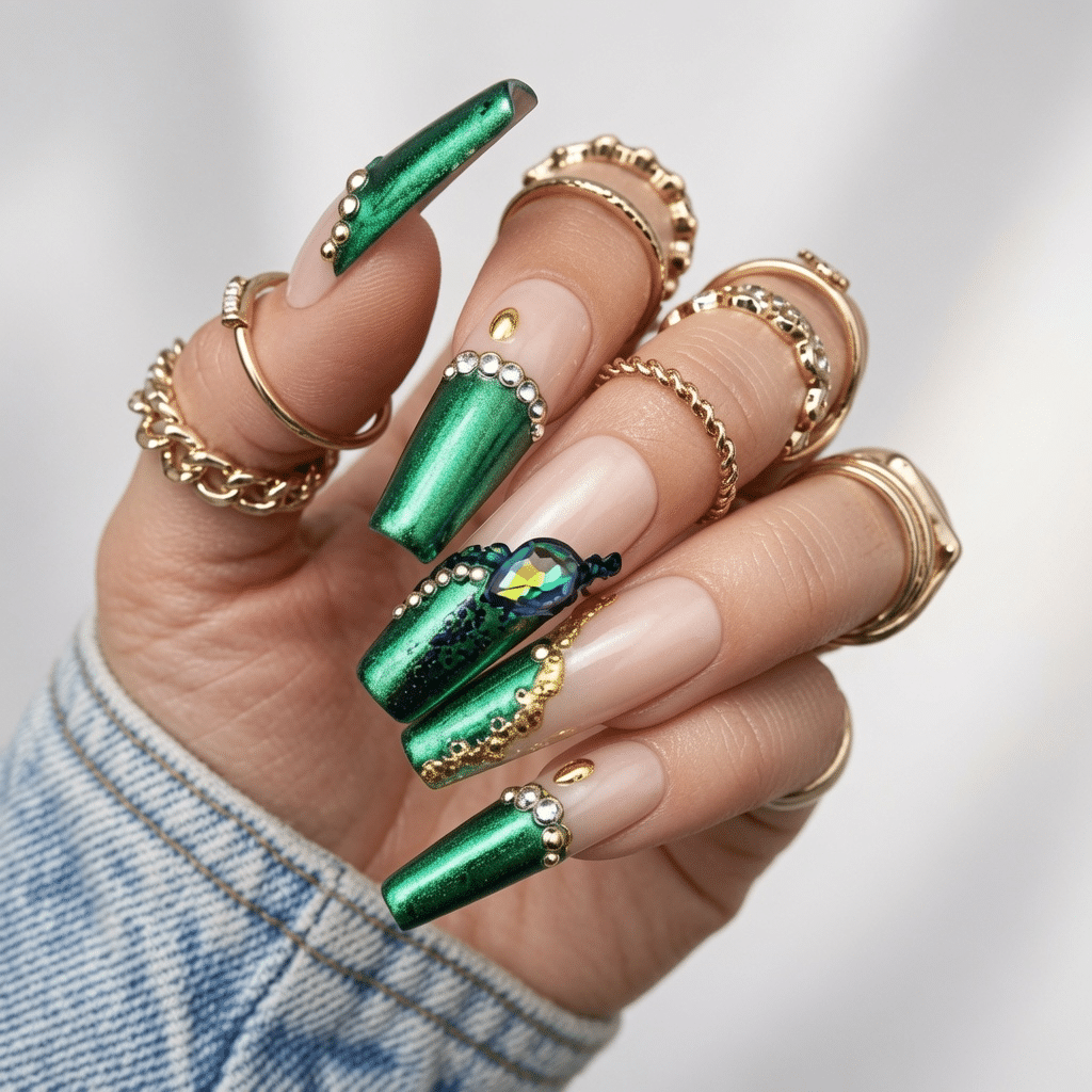 Long almond nails with emerald green chrome French accents and metallic details