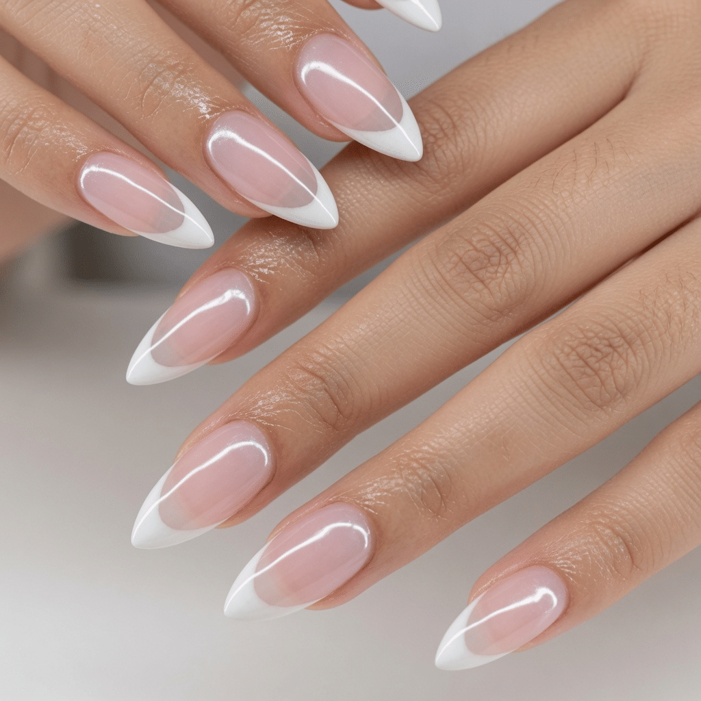 Long nude almond nails with soft pearly chrome French tips