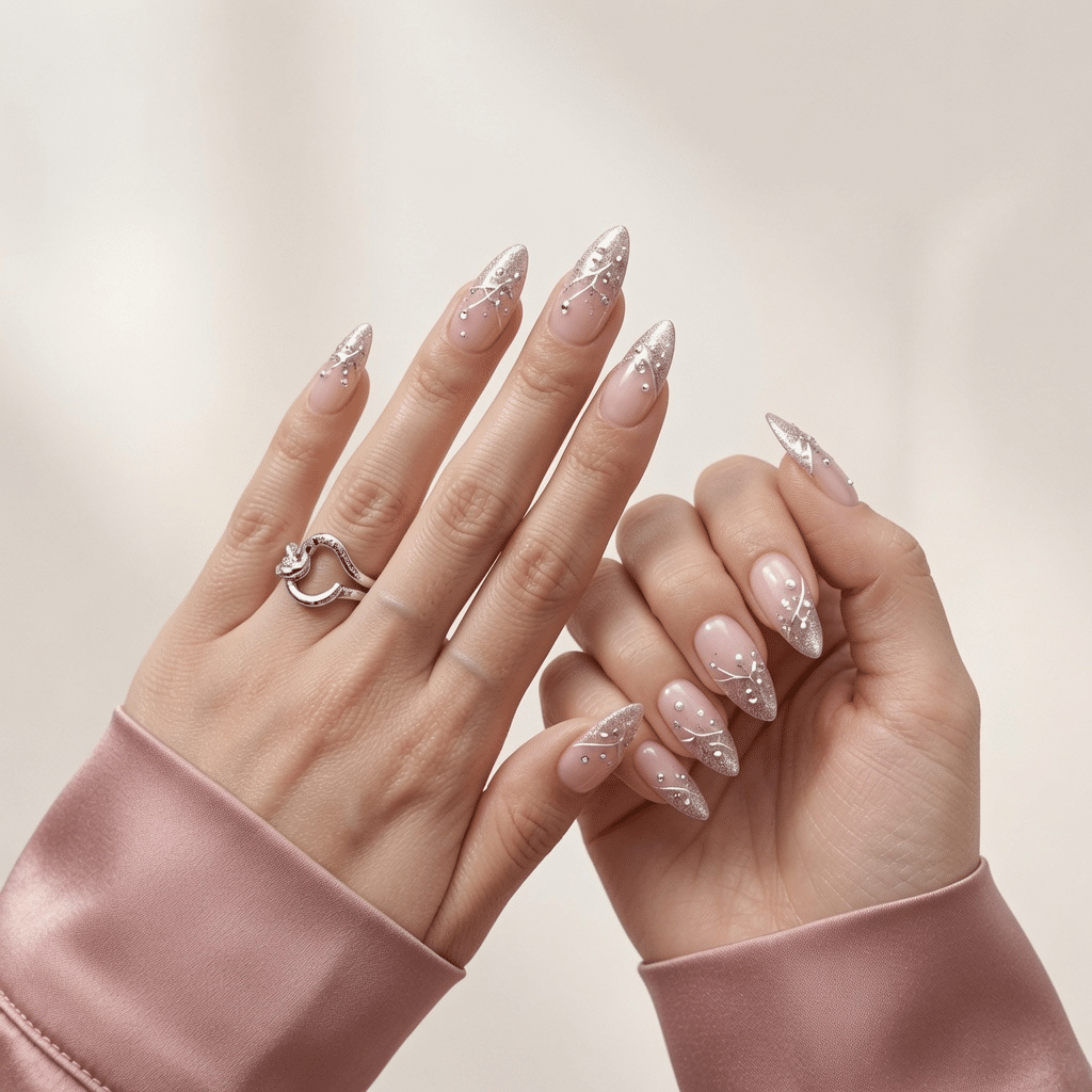 Nude almond nails with pearly chrome French tips on both hands against pink satin sleeves