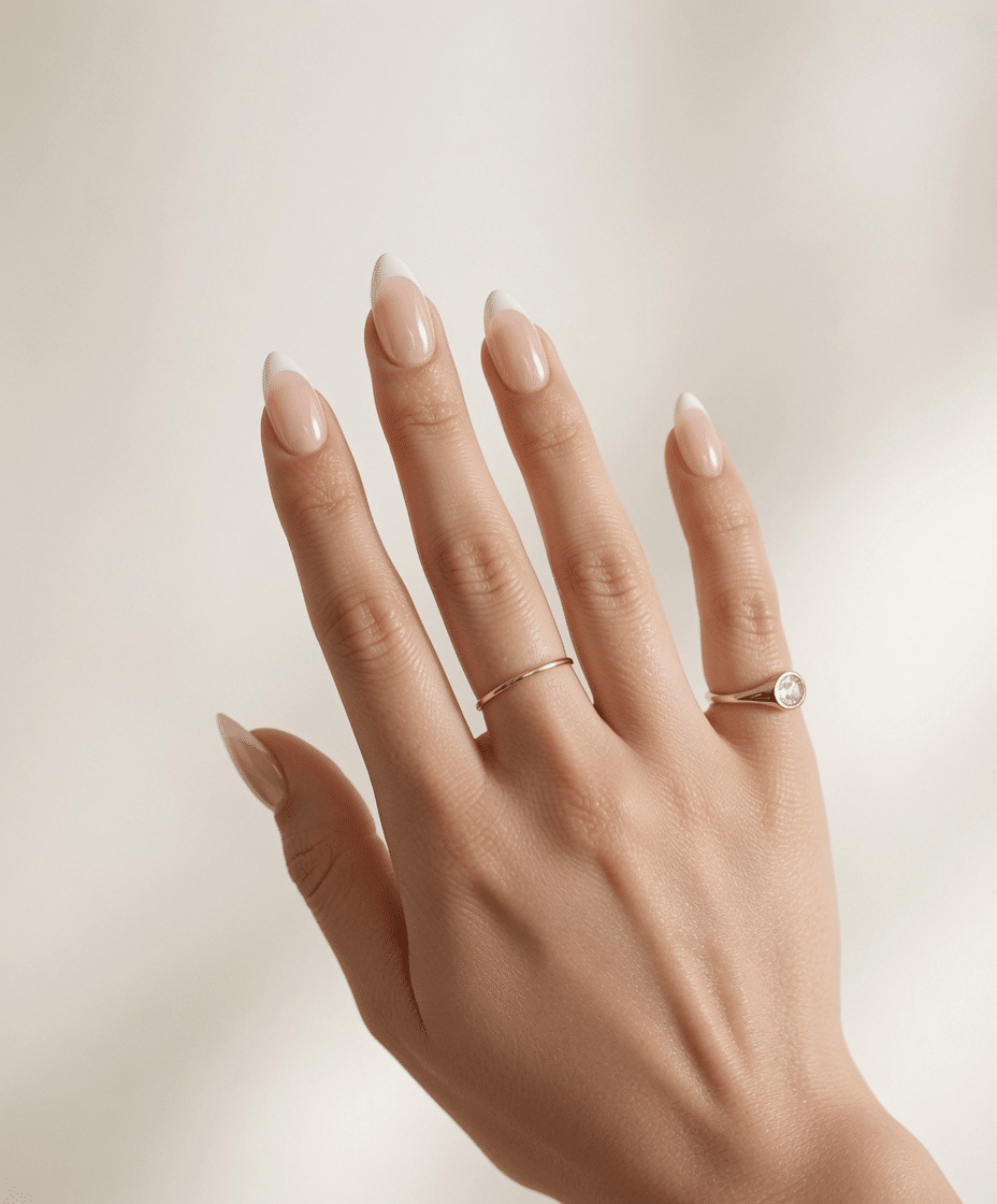 Long almond nails with pink pearl chrome French tips beside a soft rose