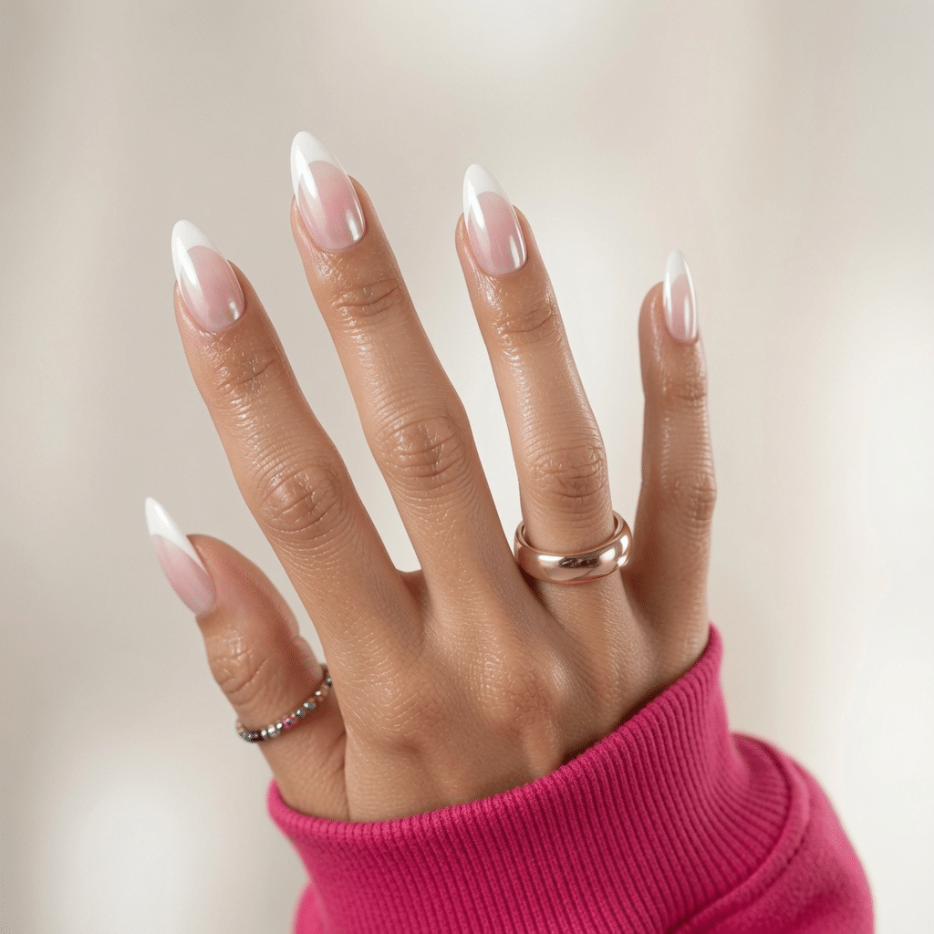 Pale pink almond nails with glazed pearl chrome French tips and a bright pink sleeve
