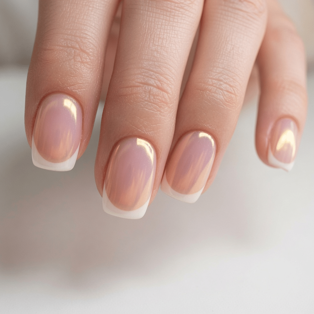 French Chrome Press On Nails with a thin mirror-silver edge on short nude nails