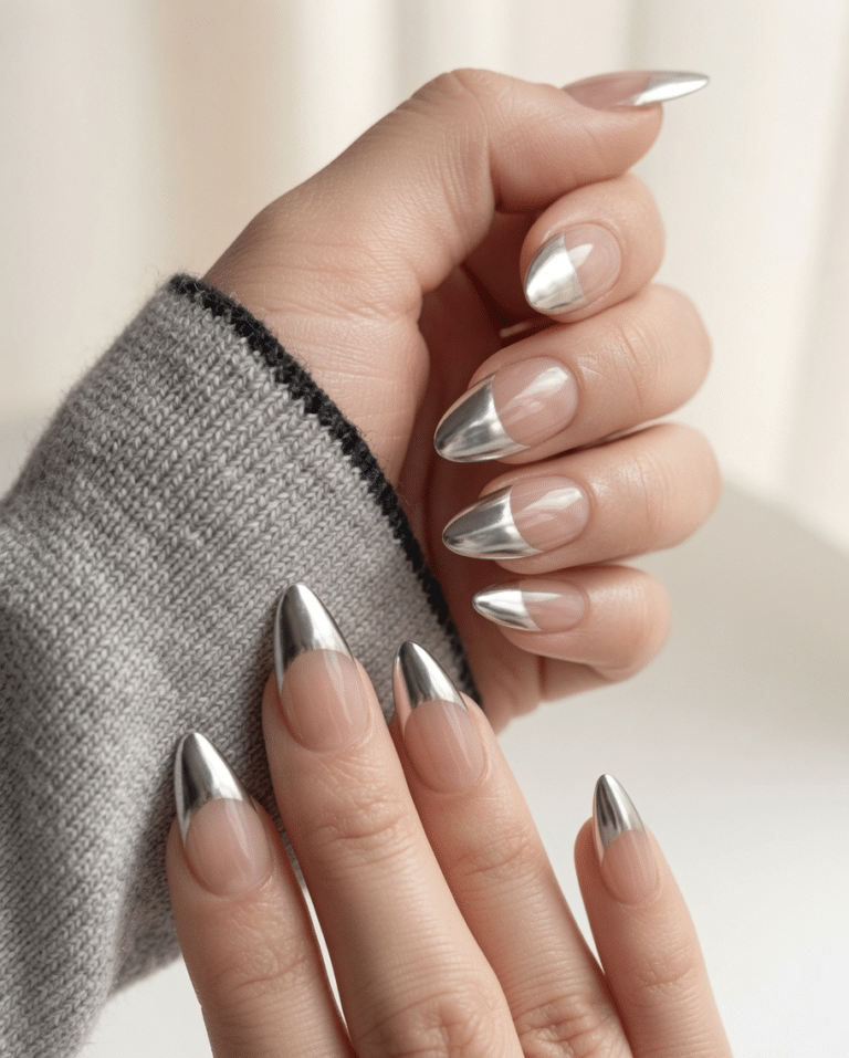 Nude almond nails with thin silver chrome French tips against a soft gray sleeve