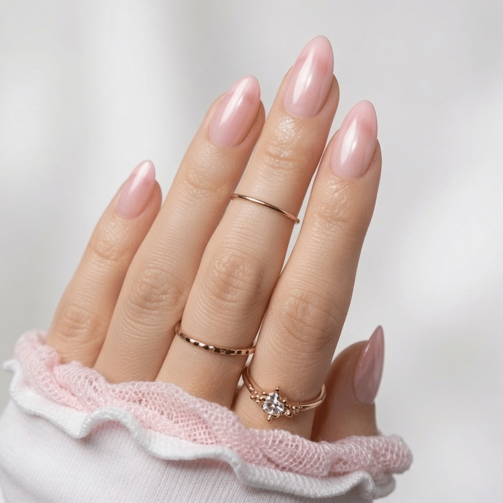Pink nude almond nails with delicate silver chrome French tips