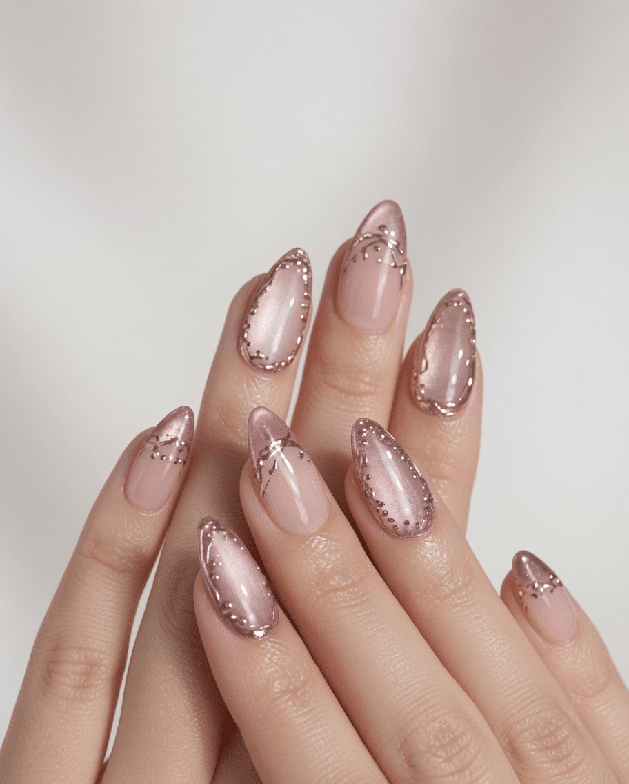 Glossy almond nails with white glazed chrome French tips