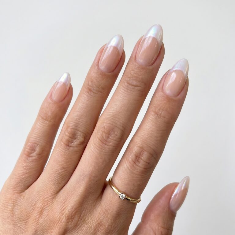 French Manicure Press On Nails with glossy white tips on soft nude almond nails