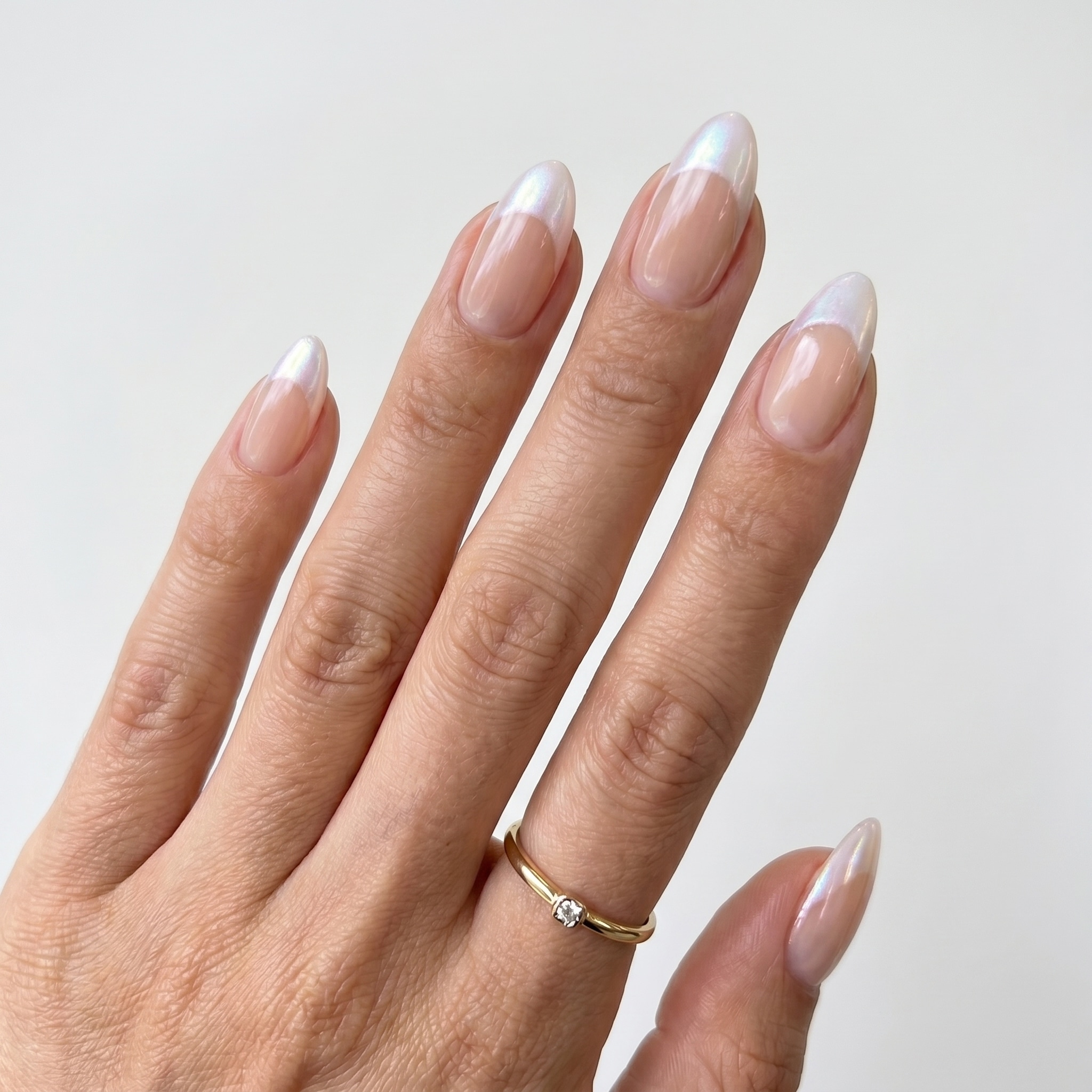 French Manicure Press On Nails with glossy white tips on soft nude almond nails