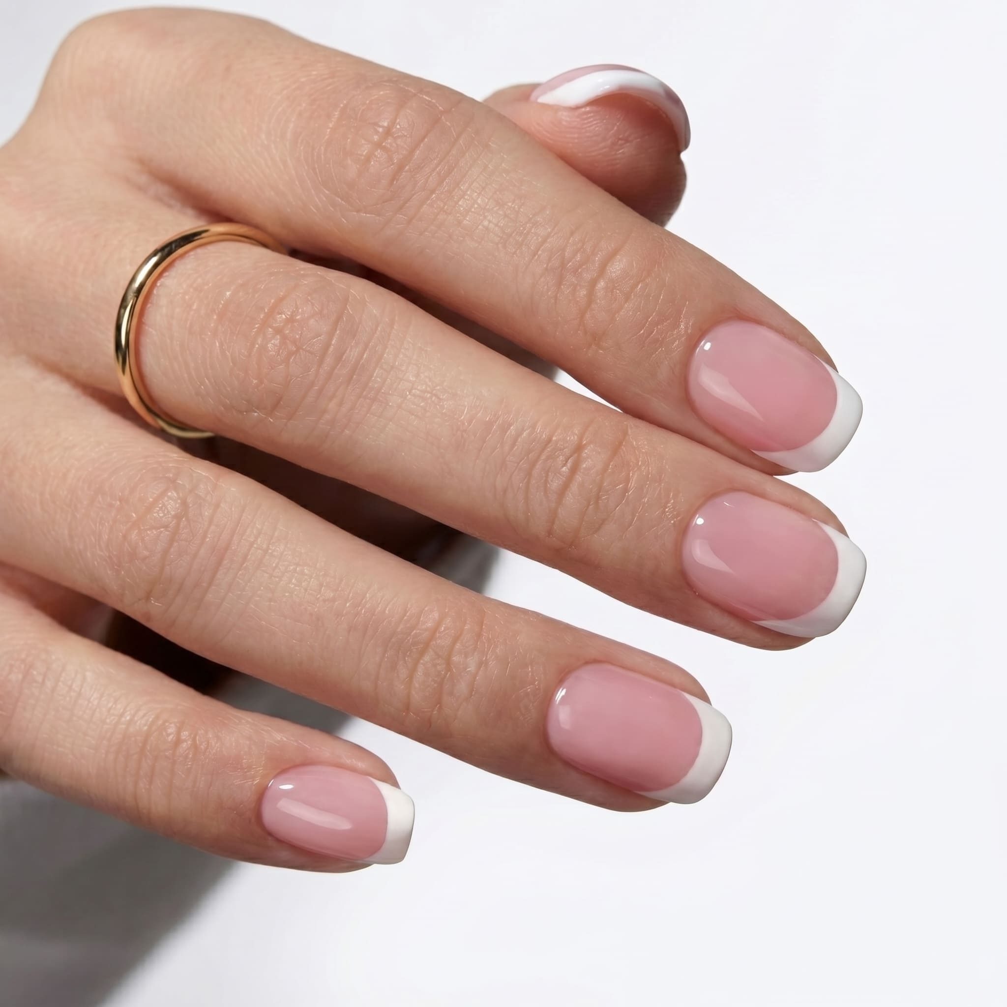 Long nude almond nails with slim white French tips and a glossy finish