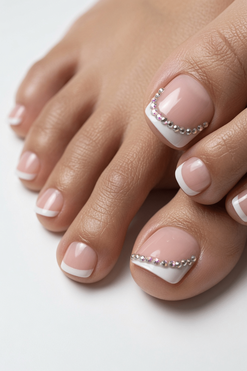 Nude toes with white French tips and delicate floral accent details