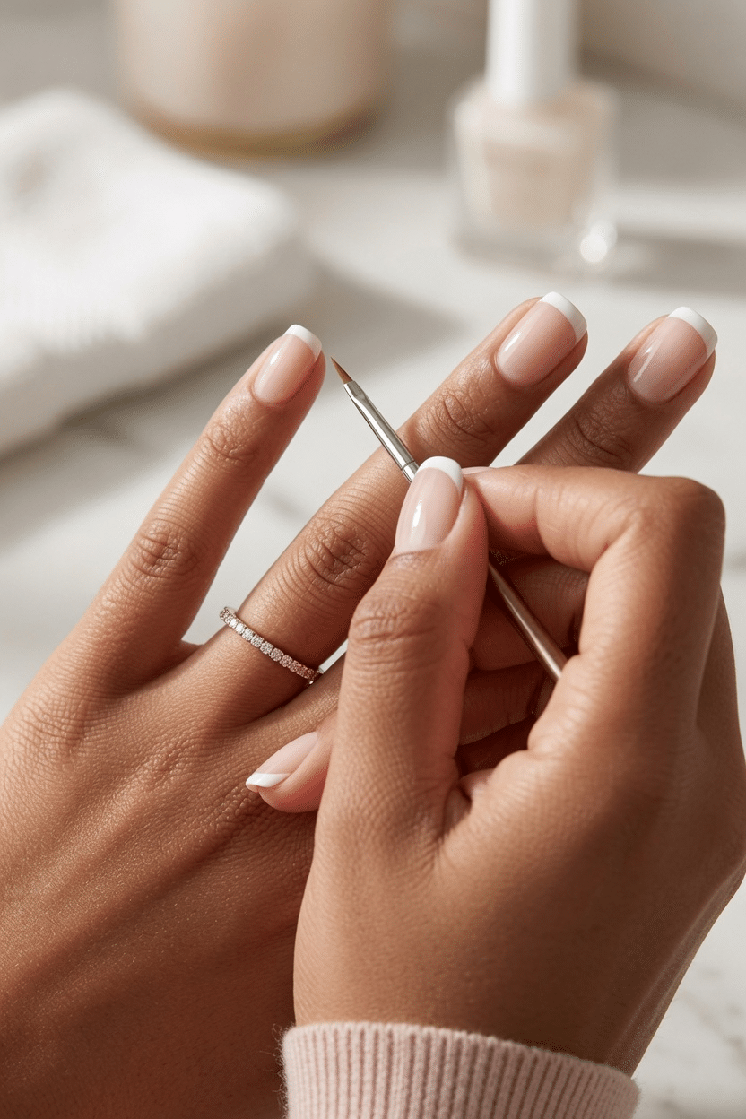 French tip smile line being refined with a thin liner brush