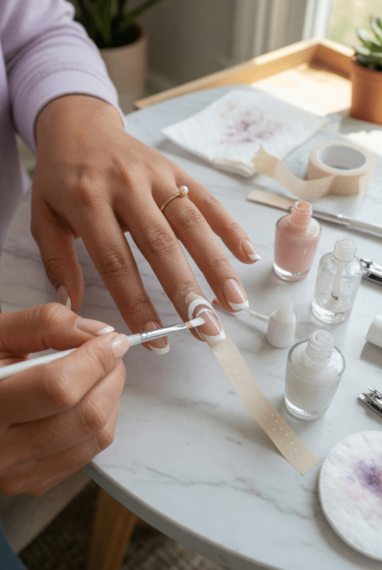 Step-by-step French tip manicure process with white polish and nail tools